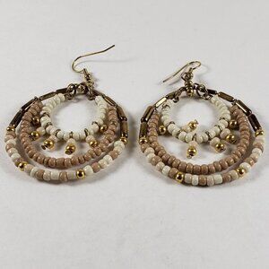 Women's Vintage Gold tone, White & Brown Multi-Strand  Beaded Teardrop Earrings